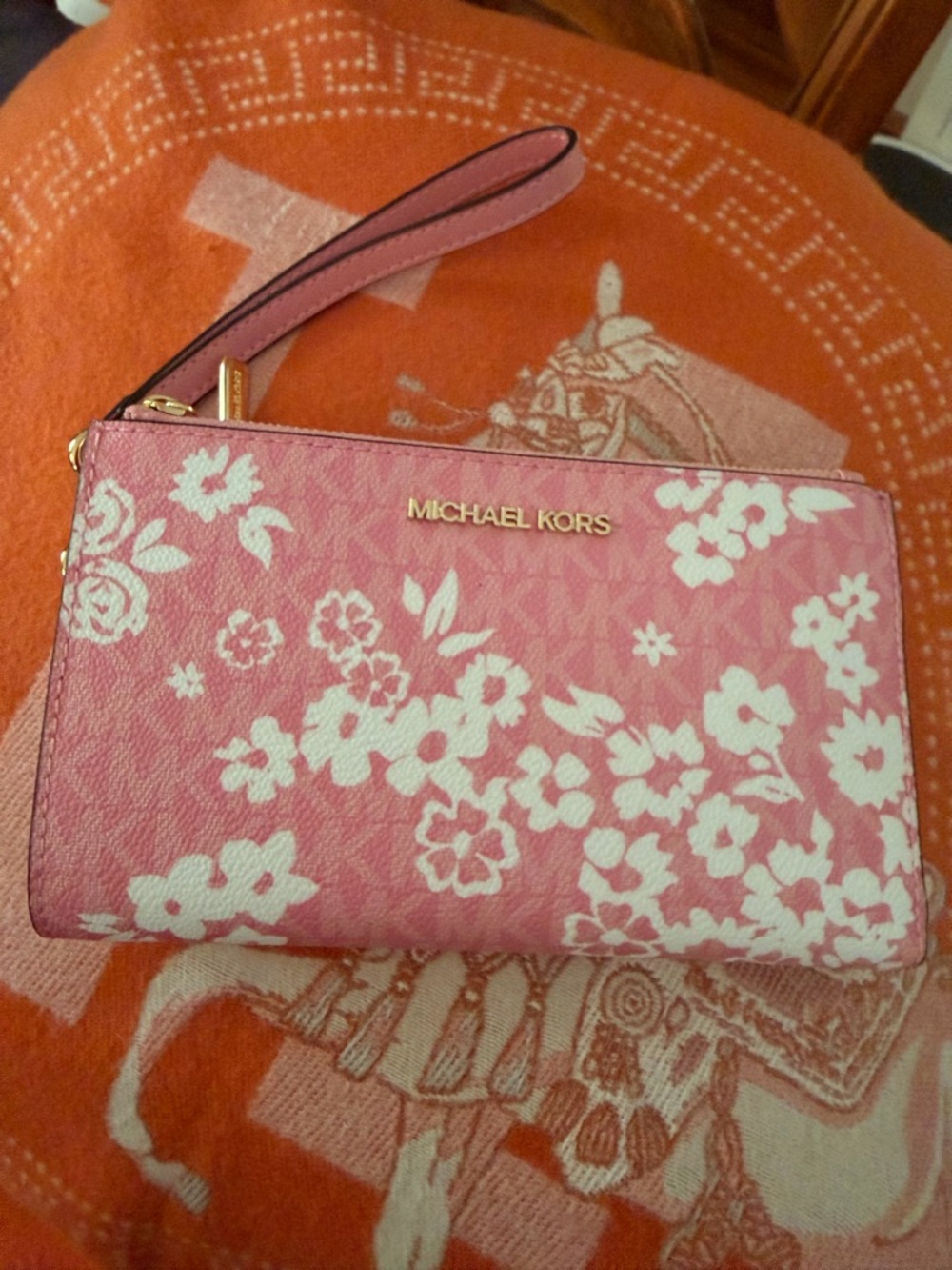 Michael Kors Pink and White Floral Wristlet Clutch with Gold Logo